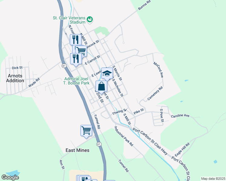 map of restaurants, bars, coffee shops, grocery stores, and more near 301 South Mill Street in Saint Clair