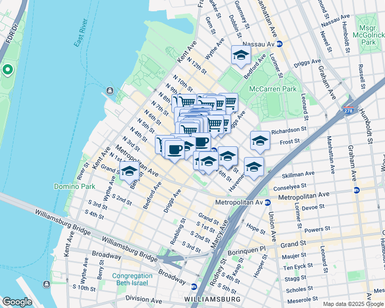 map of restaurants, bars, coffee shops, grocery stores, and more near 184 Bedford Avenue in Brooklyn