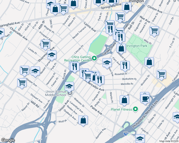 map of restaurants, bars, coffee shops, grocery stores, and more near 311 Union Avenue in Irvington