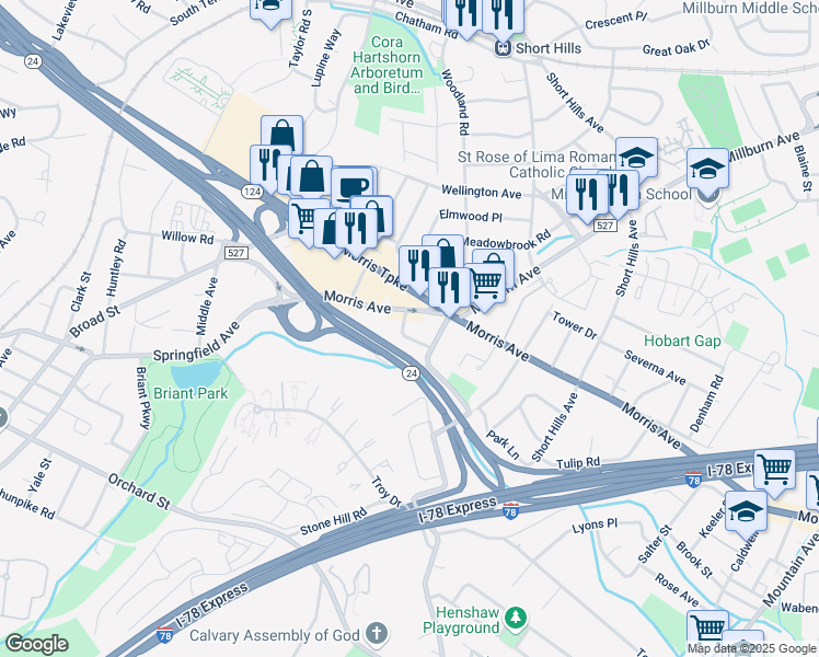 map of restaurants, bars, coffee shops, grocery stores, and more near 656 Morris Avenue in Springfield Township