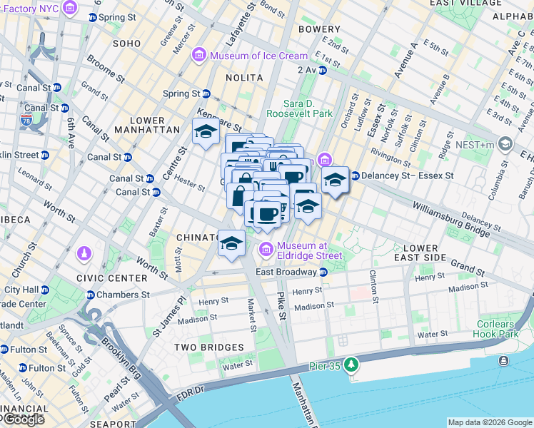 map of restaurants, bars, coffee shops, grocery stores, and more near 62 Forsyth Street in New York