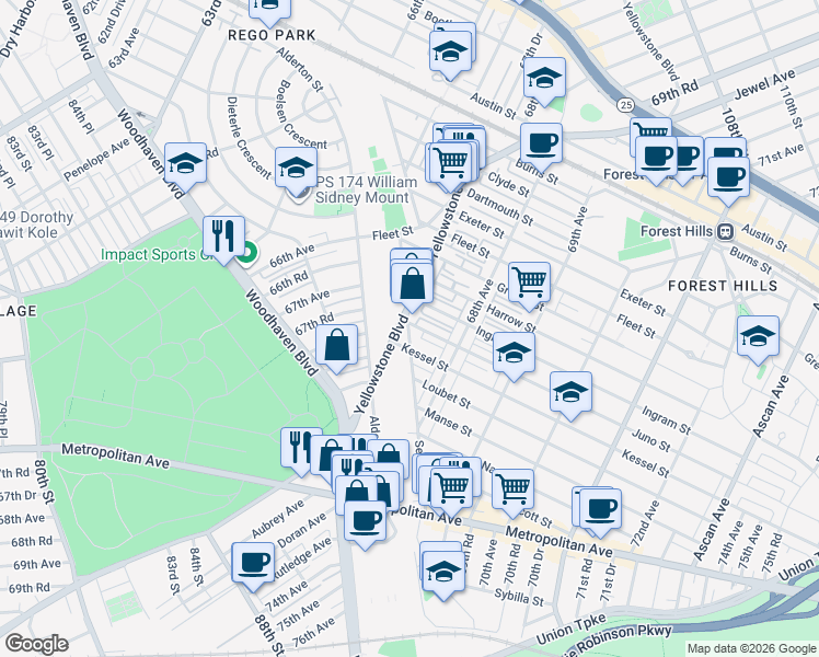 map of restaurants, bars, coffee shops, grocery stores, and more near 7307 Yellowstone Boulevard in Queens