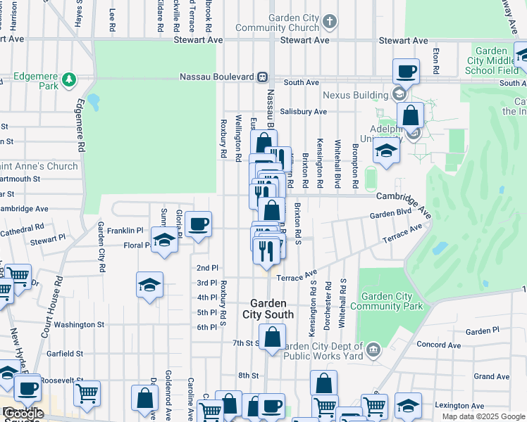 map of restaurants, bars, coffee shops, grocery stores, and more near 106 Cambridge Avenue in Garden City