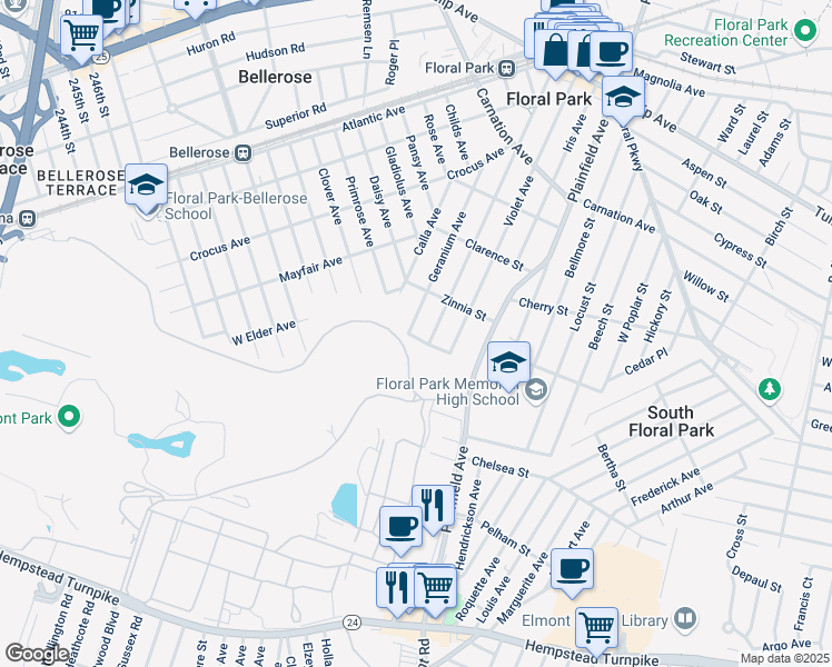 map of restaurants, bars, coffee shops, grocery stores, and more near 142 Geranium Avenue in Floral Park