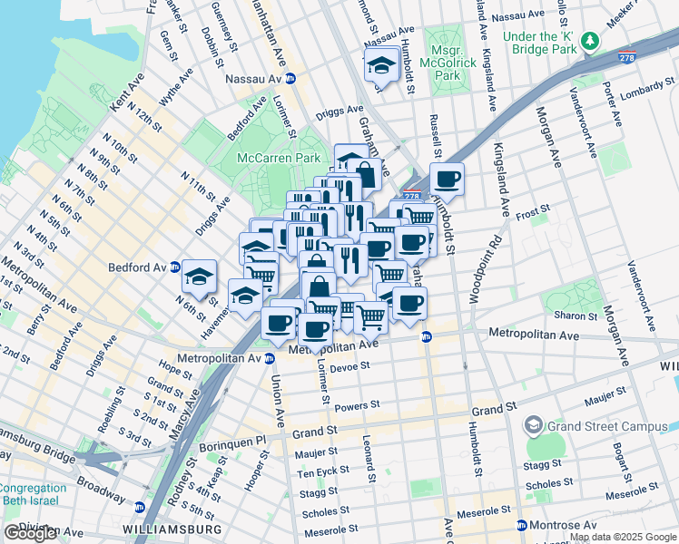 map of restaurants, bars, coffee shops, grocery stores, and more near 282 Meeker Avenue in Brooklyn