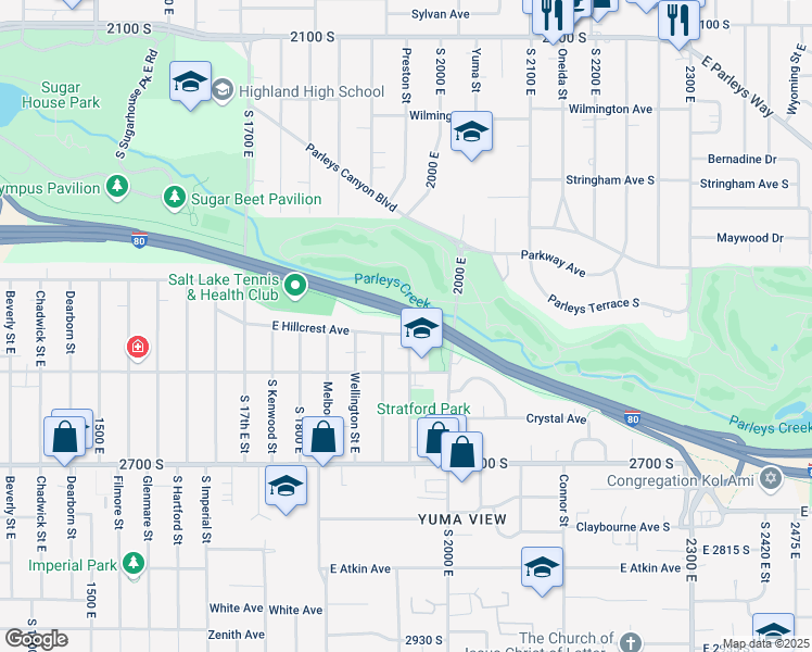 map of restaurants, bars, coffee shops, grocery stores, and more near 1925 East Hillcrest Avenue in Salt Lake City