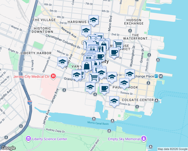 map of restaurants, bars, coffee shops, grocery stores, and more near 2 Mercer Street in Jersey City