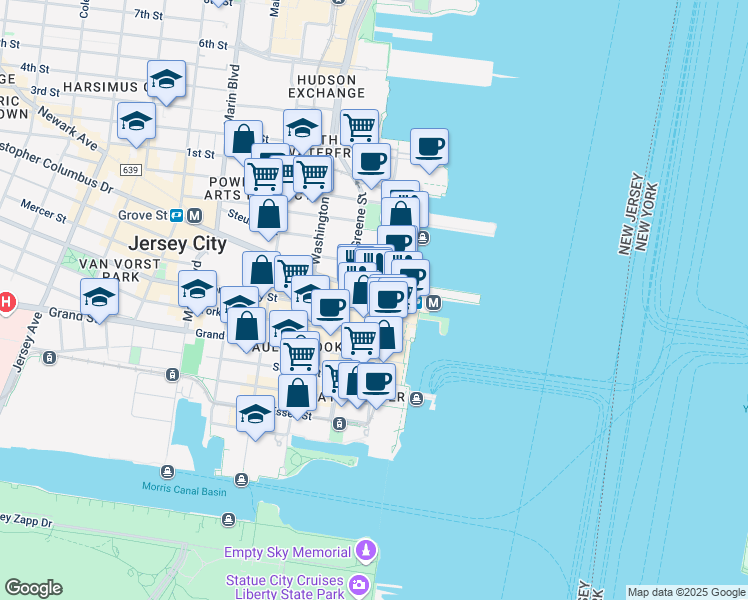 map of restaurants, bars, coffee shops, grocery stores, and more near 2 Montgomery Street in Jersey City