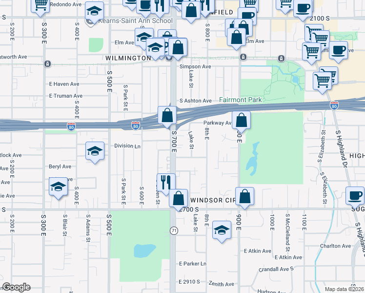 map of restaurants, bars, coffee shops, grocery stores, and more near 2471 South 700 East in Salt Lake City