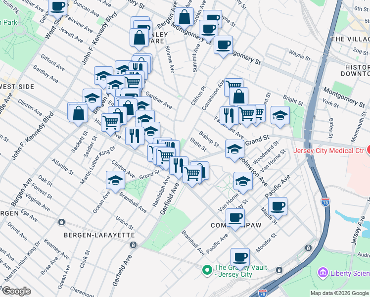 map of restaurants, bars, coffee shops, grocery stores, and more near in Jersey City
