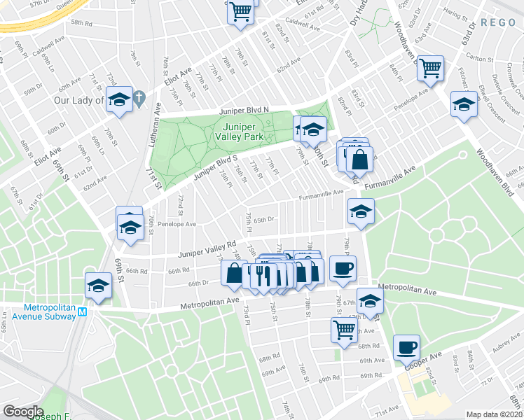 map of restaurants, bars, coffee shops, grocery stores, and more near 75-34 Furmanville Avenue in Queens