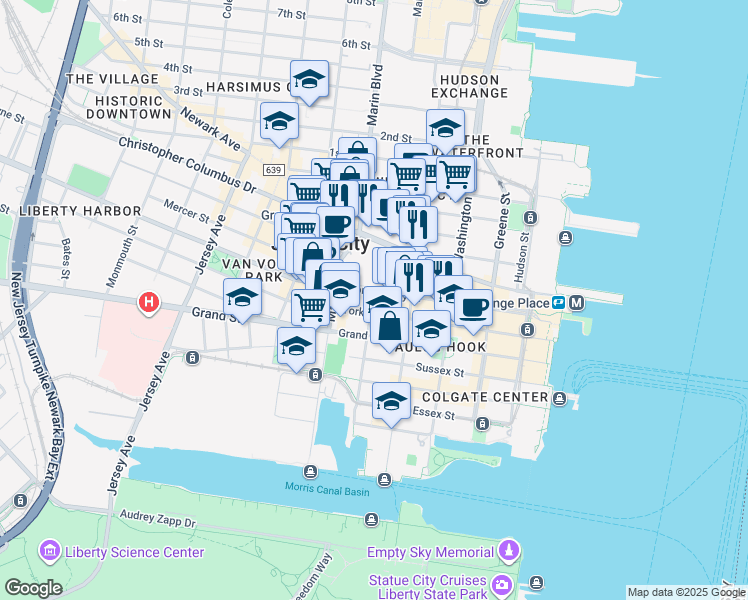 map of restaurants, bars, coffee shops, grocery stores, and more near 135 Montgomery Street in Jersey City