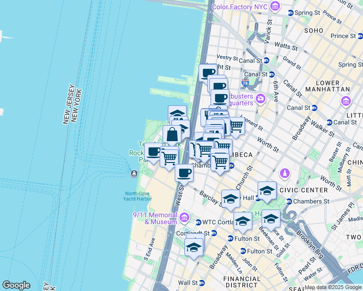 map of restaurants, bars, coffee shops, grocery stores, and more near 201 Warren Street in New York