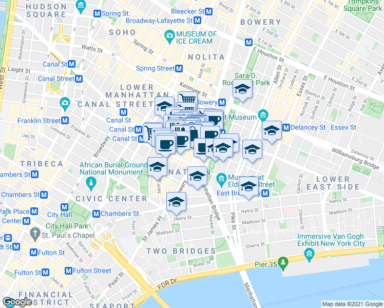 map of restaurants, bars, coffee shops, grocery stores, and more near 59 Elizabeth Street in New York