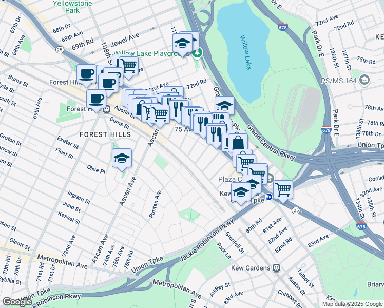 map of restaurants, bars, coffee shops, grocery stores, and more near 111-10 75th Road in Queens