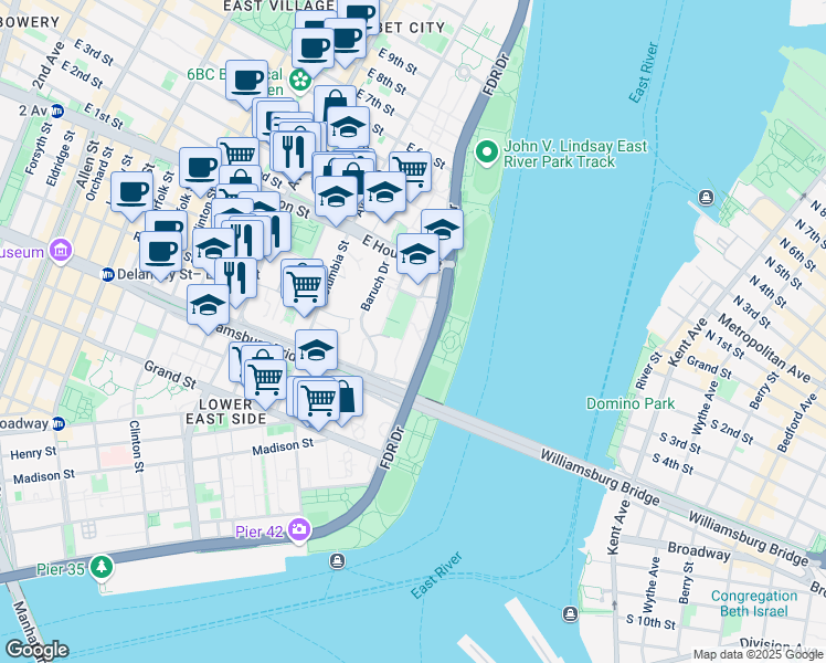 map of restaurants, bars, coffee shops, grocery stores, and more near 555 FDR Drive in New York