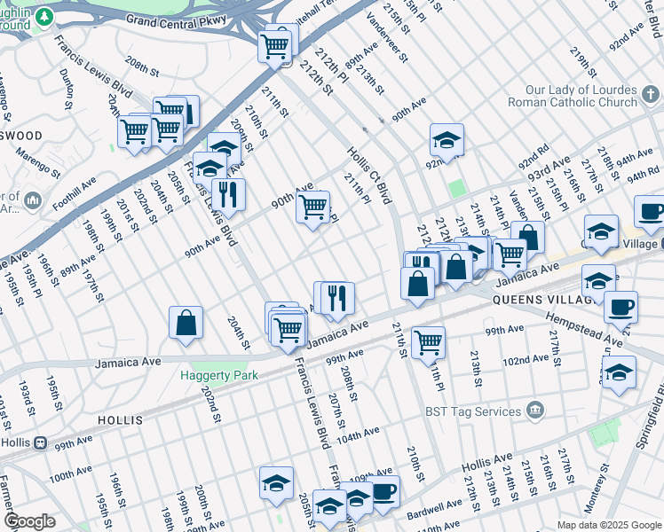 map of restaurants, bars, coffee shops, grocery stores, and more near 93-05 210th Street in Queens