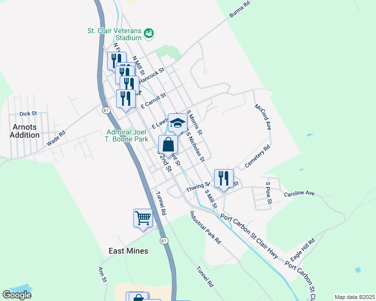 map of restaurants, bars, coffee shops, grocery stores, and more near 301 South Mill Street in Saint Clair