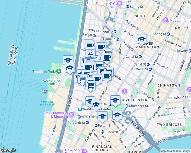 map of restaurants, bars, coffee shops, grocery stores, and more near 165 Duane Street in New York