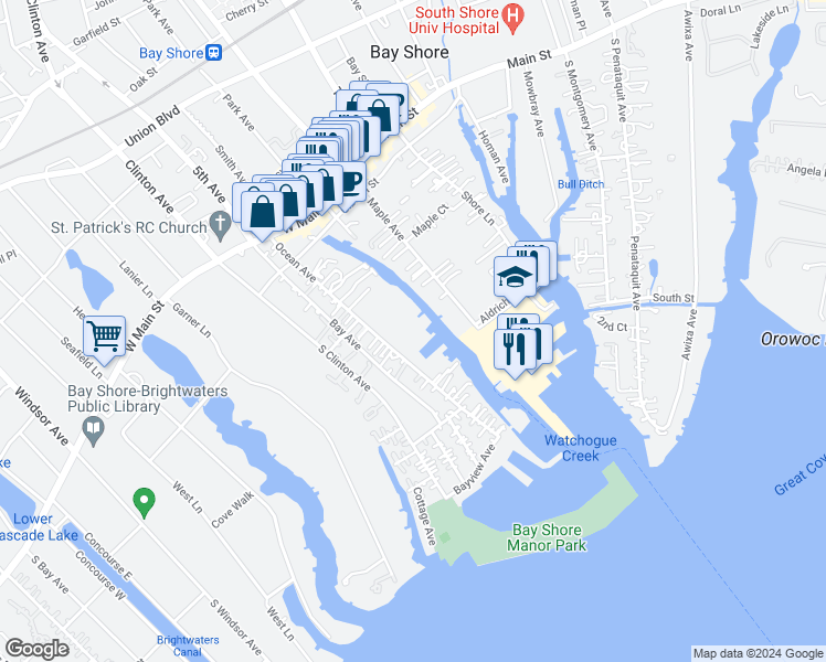 map of restaurants, bars, coffee shops, grocery stores, and more near 65 Ocean Avenue in Bay Shore