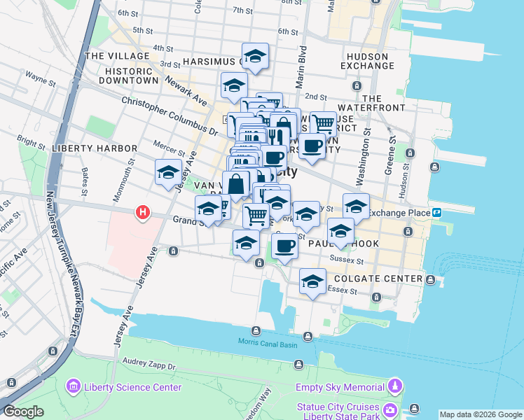 map of restaurants, bars, coffee shops, grocery stores, and more near 2 Mercer Street in Jersey City