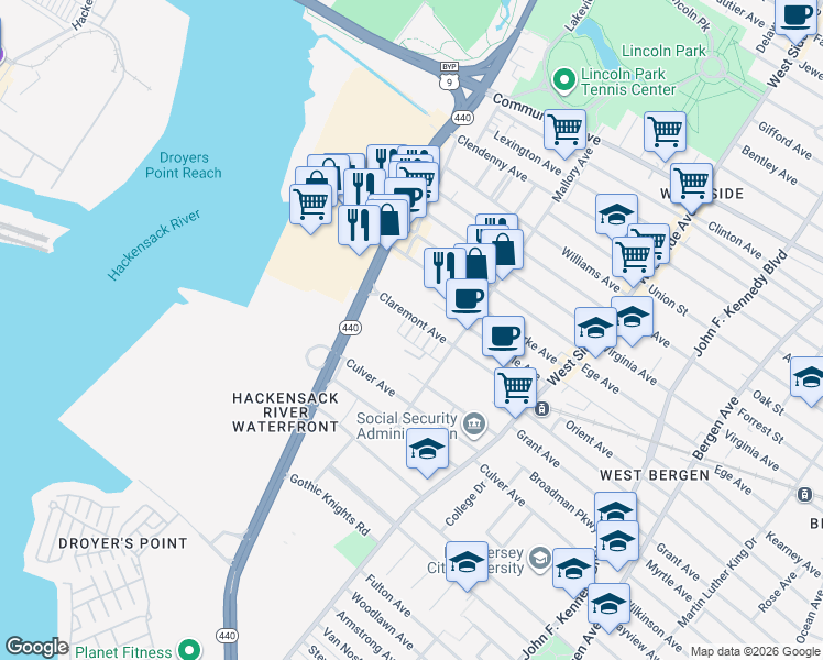 map of restaurants, bars, coffee shops, grocery stores, and more near 3 Greenwich Drive in Jersey City