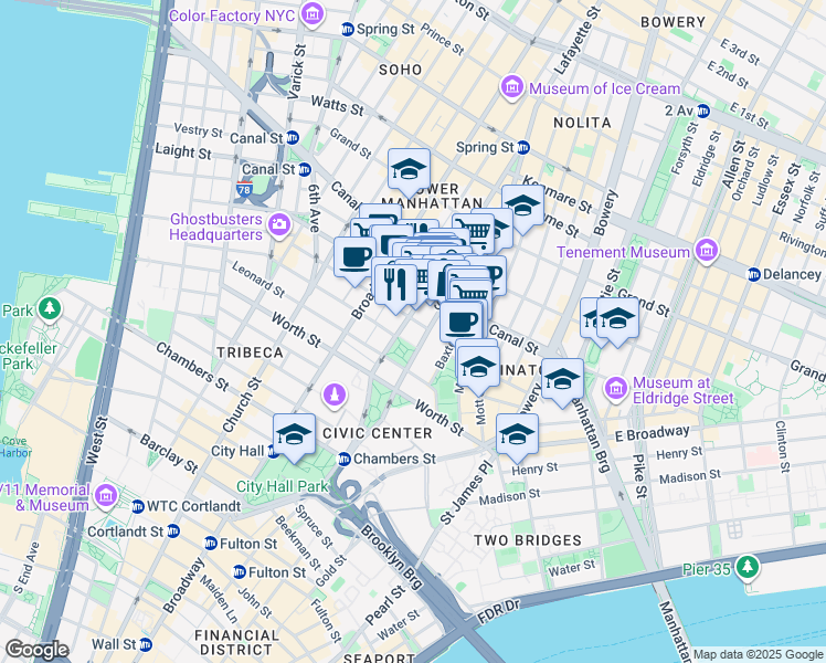 map of restaurants, bars, coffee shops, grocery stores, and more near 111 Centre Street in New York