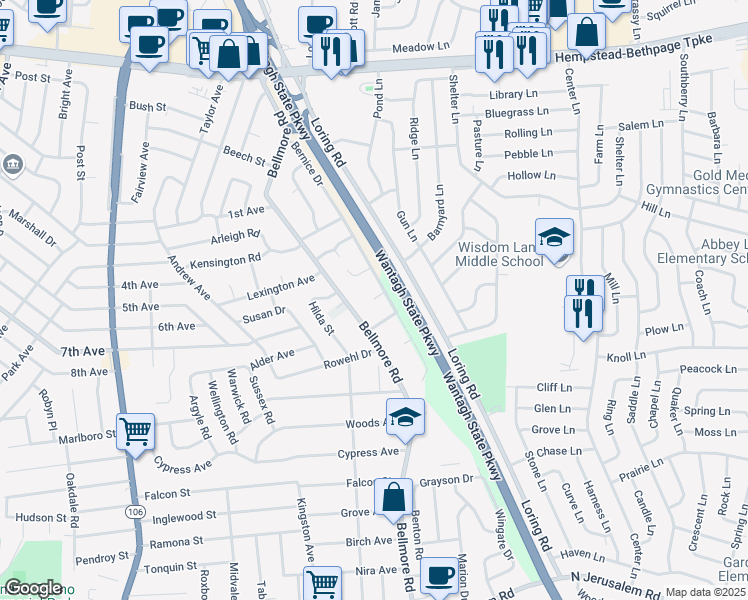 map of restaurants, bars, coffee shops, grocery stores, and more near 300 Ernest Court in East Meadow