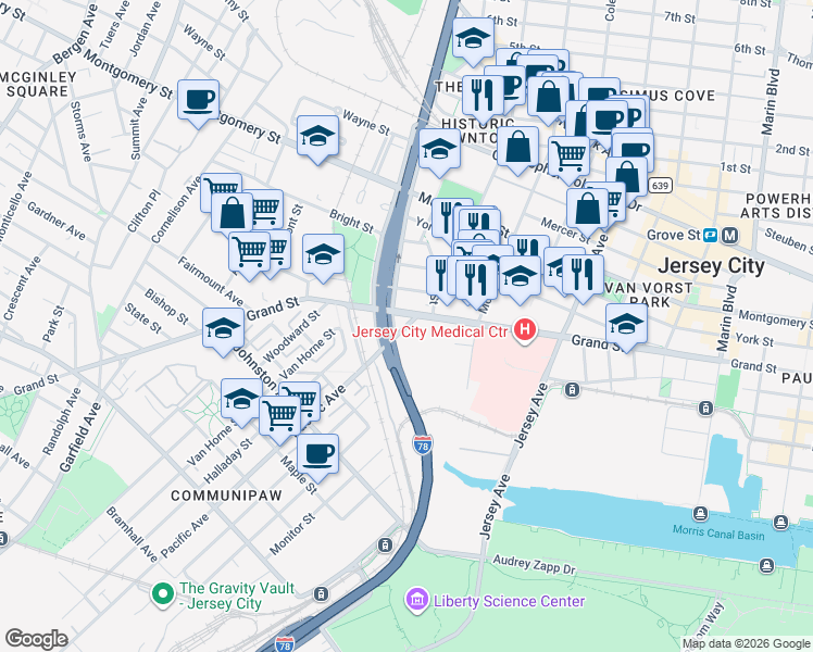 map of restaurants, bars, coffee shops, grocery stores, and more near 489 Pacific Avenue in Jersey City