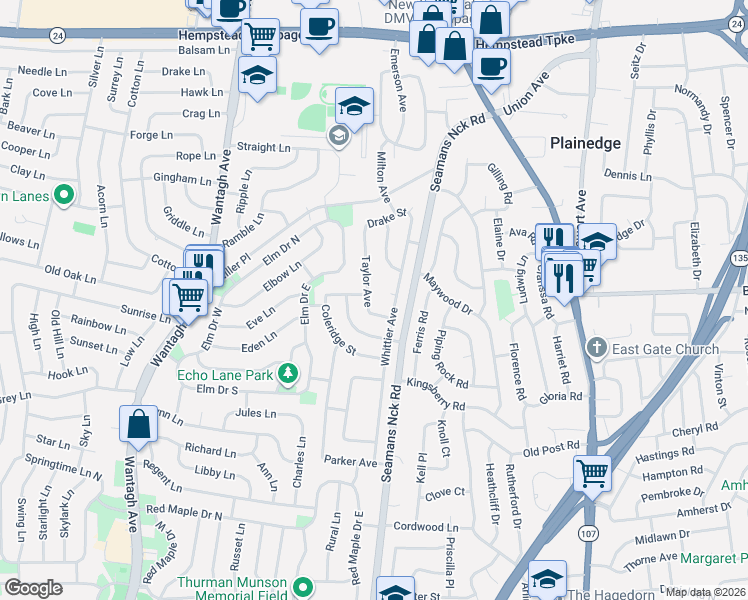 map of restaurants, bars, coffee shops, grocery stores, and more near 322 Taylor Avenue in Levittown