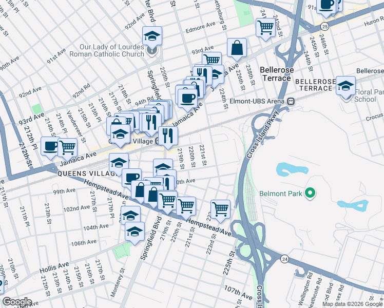 map of restaurants, bars, coffee shops, grocery stores, and more near 220-18 97th Avenue in Queens