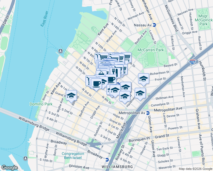map of restaurants, bars, coffee shops, grocery stores, and more near 174 North 6th Street in Brooklyn