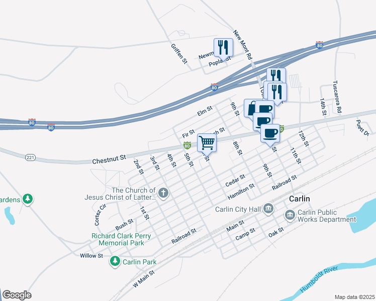 map of restaurants, bars, coffee shops, grocery stores, and more near 509 Fir Street in Carlin