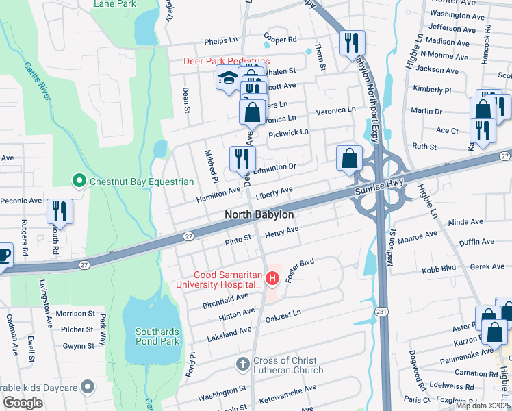 map of restaurants, bars, coffee shops, grocery stores, and more near 95 Liberty Avenue in North Babylon