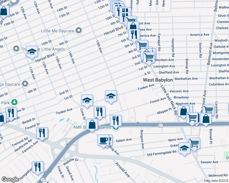 map of restaurants, bars, coffee shops, grocery stores, and more near 29 15th Avenue in West Babylon