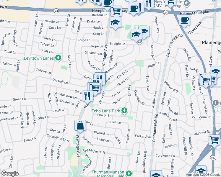 map of restaurants, bars, coffee shops, grocery stores, and more near 54 Elm Drive West in Levittown