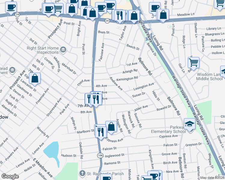 map of restaurants, bars, coffee shops, grocery stores, and more near 2553 4th Avenue in East Meadow