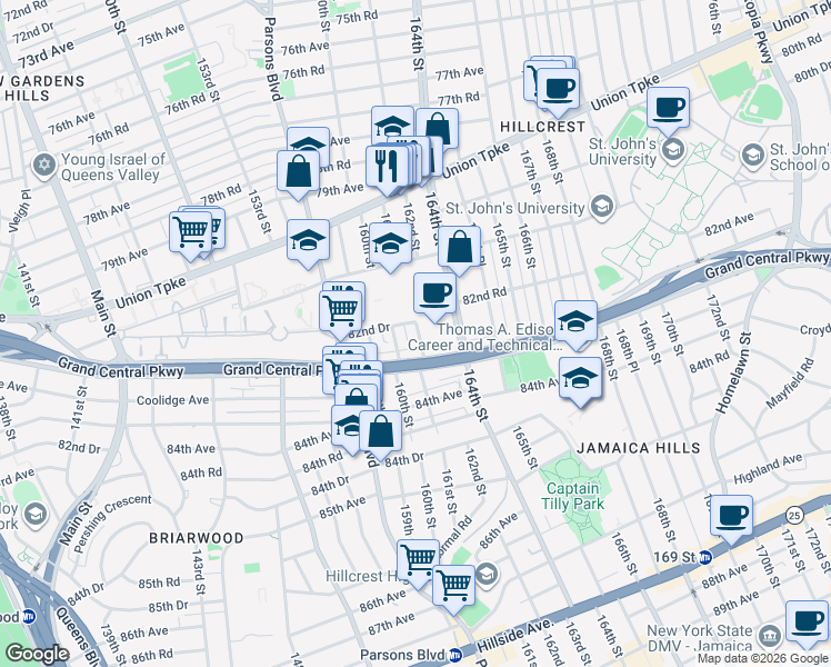 map of restaurants, bars, coffee shops, grocery stores, and more near 82nd Road in Queens