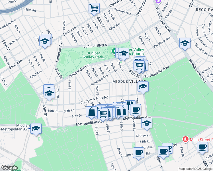 map of restaurants, bars, coffee shops, grocery stores, and more near 64-10 77th Street in Queens
