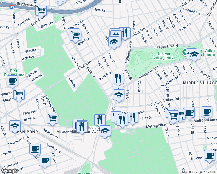 map of restaurants, bars, coffee shops, grocery stores, and more near 69-19 62nd Road in Queens