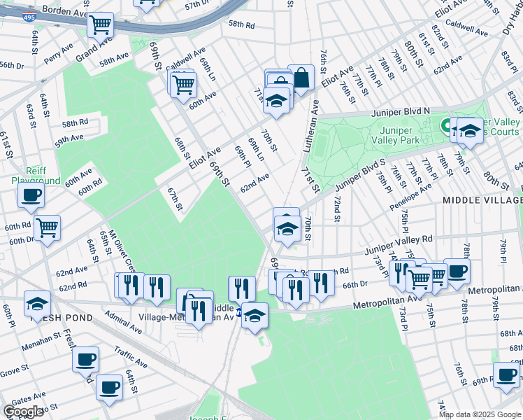 map of restaurants, bars, coffee shops, grocery stores, and more near 69-19 62nd Road in Queens