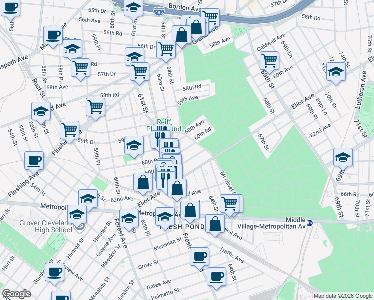 map of restaurants, bars, coffee shops, grocery stores, and more near 62-47 60th Avenue in Queens