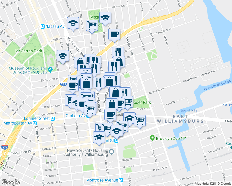 map of restaurants, bars, coffee shops, grocery stores, and more near in Brooklyn