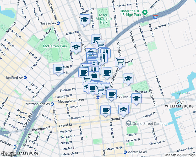 map of restaurants, bars, coffee shops, grocery stores, and more near 189 Withers Street in Brooklyn