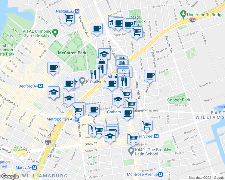 map of restaurants, bars, coffee shops, grocery stores, and more near 104 Frost Street in Brooklyn