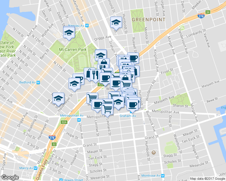 map of restaurants, bars, coffee shops, grocery stores, and more near in Brooklyn