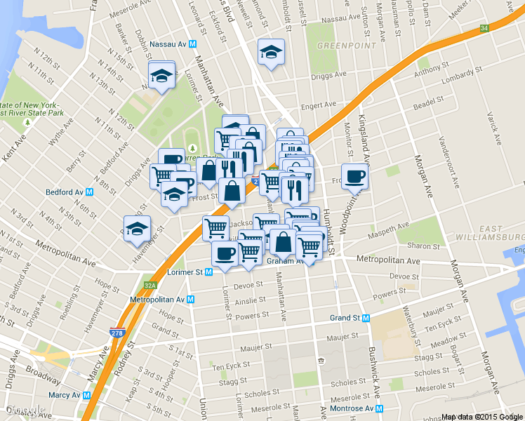 map of restaurants, bars, coffee shops, grocery stores, and more near 104 Frost Street in Brooklyn