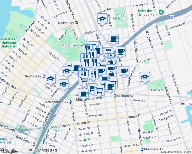 map of restaurants, bars, coffee shops, grocery stores, and more near 104 Frost Street in Brooklyn