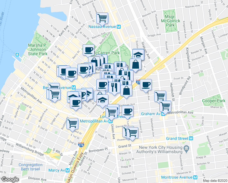 map of restaurants, bars, coffee shops, grocery stores, and more near 15 Frost Street in Brooklyn