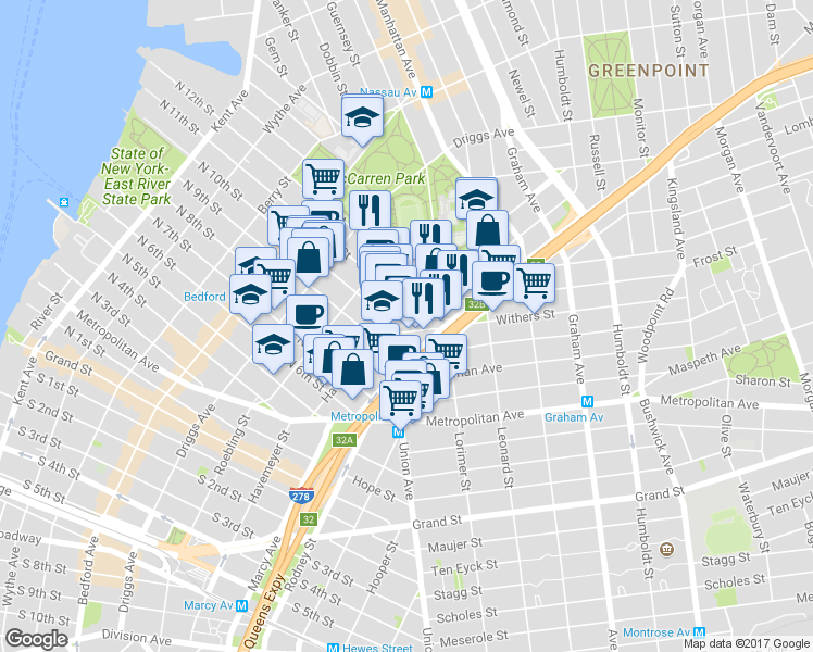 map of restaurants, bars, coffee shops, grocery stores, and more near 15 Frost Street in Brooklyn